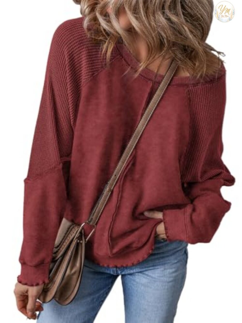 Oversized Waffle Knit Sweatshirt Off Shoulder Crewneck Pullover Women